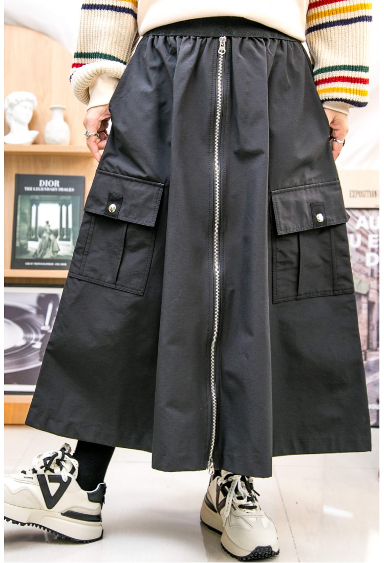 2315-1240-型格- 橡根腰 ‧ 前幅拉鏈 ‧ 風褸雙面料半截裙 (韓國)  